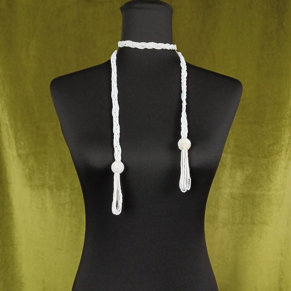 S O L D * Vintage Boho Braided Seed Bead Lariat Necklace, 46” - Picture 4 of 8